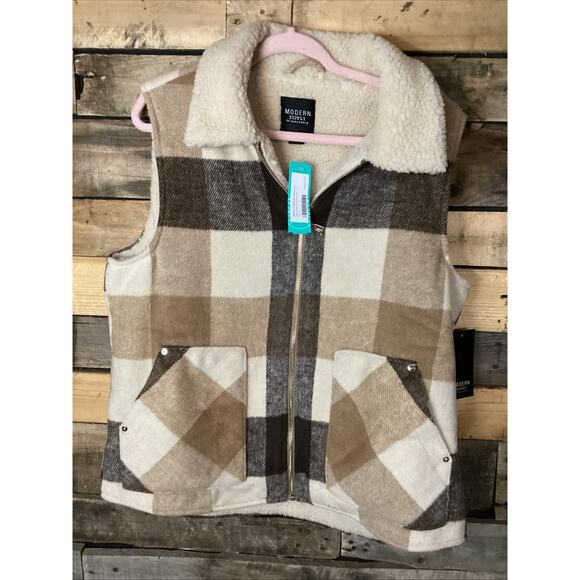 Sanctuary Jackets & Blazers - Modern Supply By Sanctuary Reversible Sherpa Plaid Vest Tan Size Large